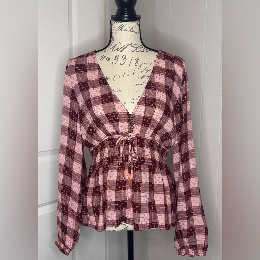 Pilcro Pink and Burgundy Checkered Blouse